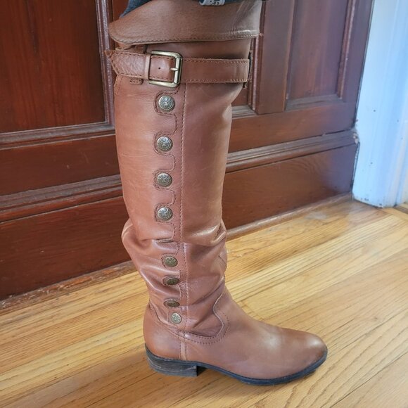 Sam Edelman OTK Brown Leather Knee-High Boots sz 7 Buttons & Buckle Strap - Picture 1 of 7